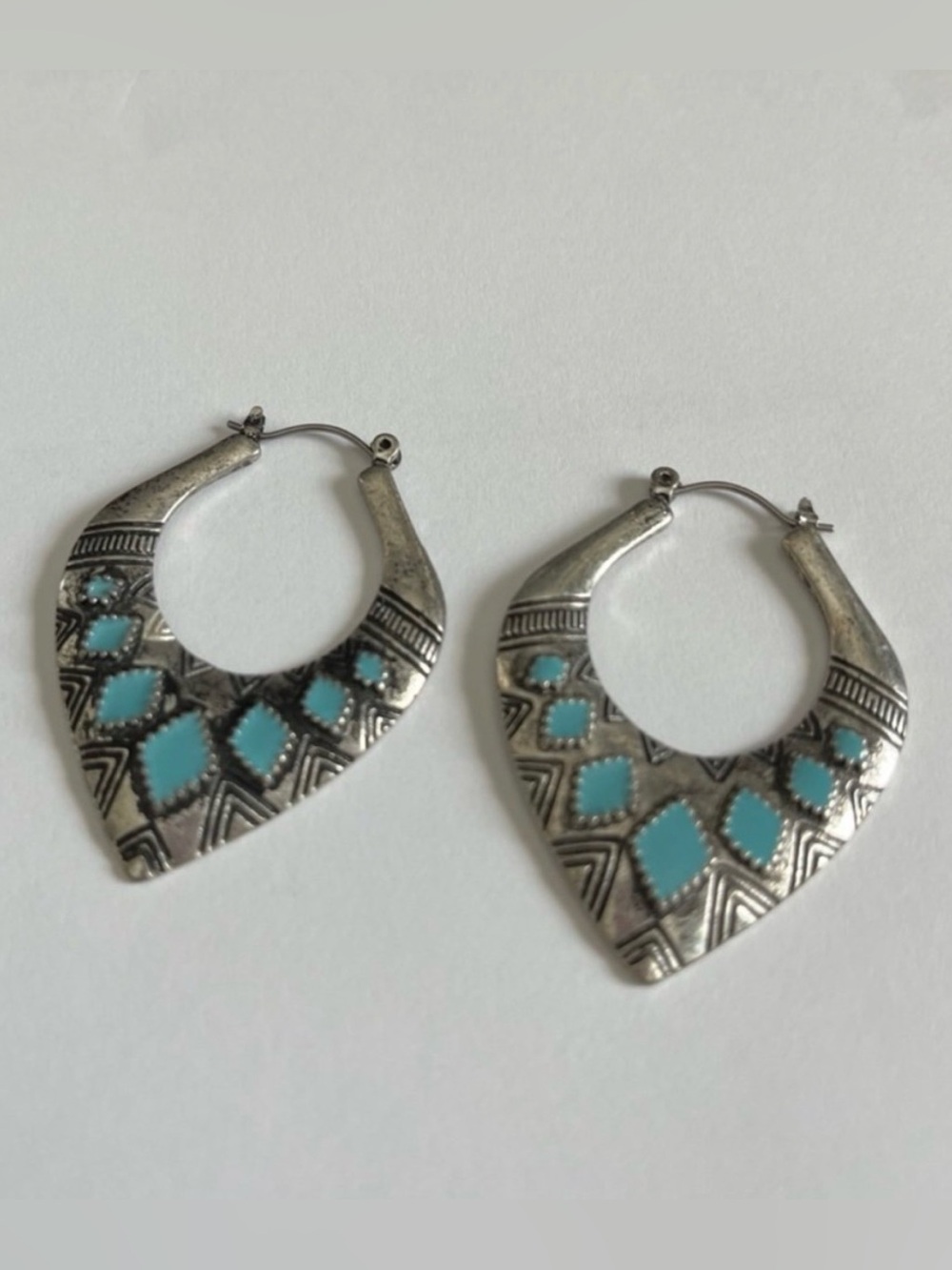 Turquoise Accent Silver-Tone Hoop Earrings